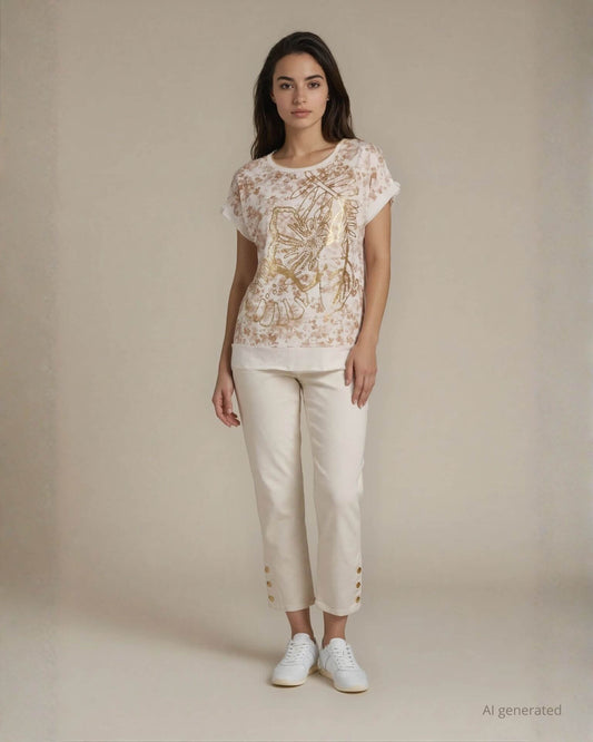 T-shirt con stampa oro e bordi