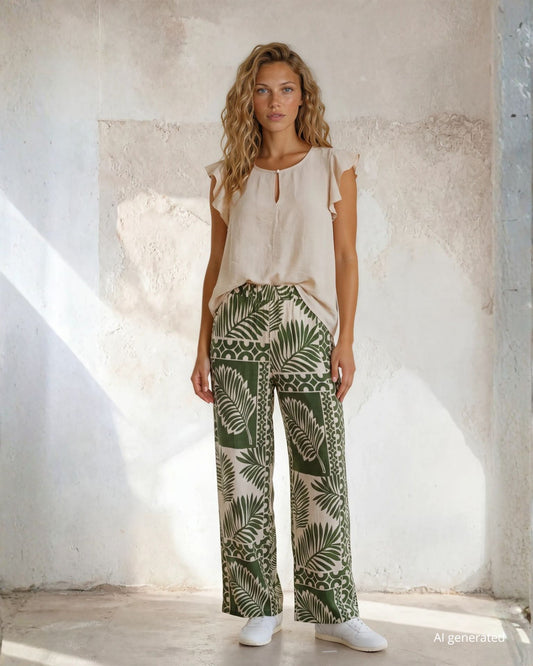 Pantalone dritto in viscosa fantasia foglie verde con elastico in vita