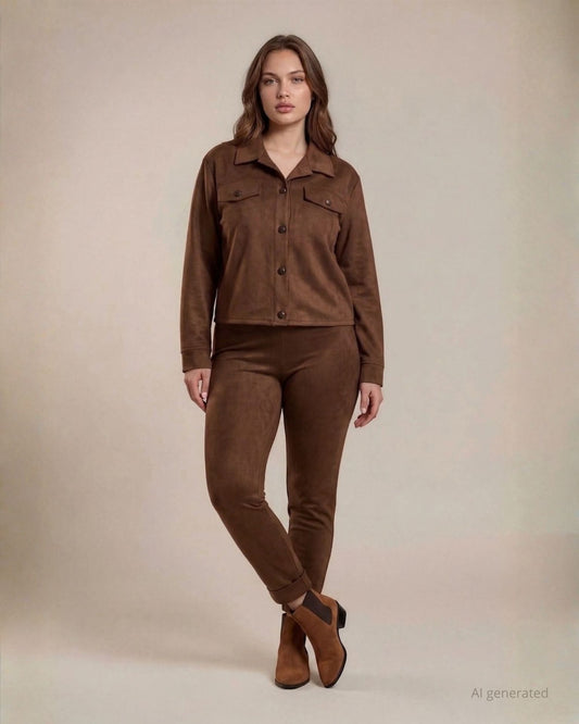 Giacca camicia in scubasuede con bottoni in ecopelle e pattine curvy