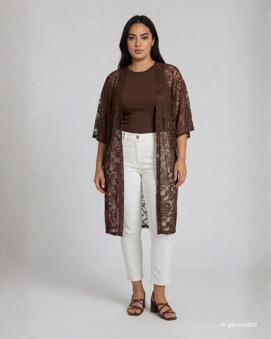 Caban lungo cioccolato in pizzo elasticizzato con maniche ad ala curvy