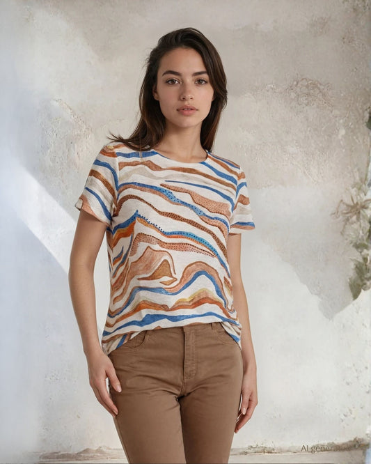 T-shirt stampata fantasia onde con strass sul fronte