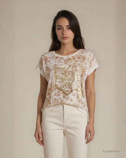 T-shirt con stampa oro e bordi