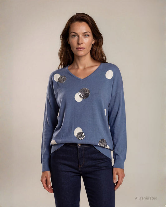 Maglia spalla scesa con scollo a V e pois con paillettes sul fronte