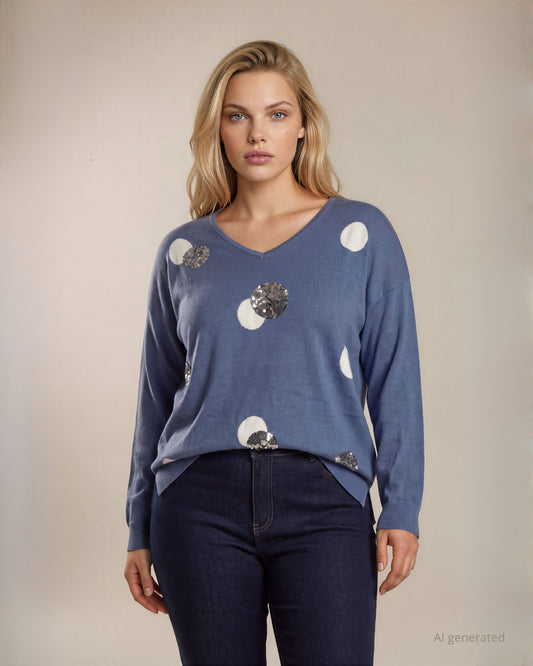 Maglia spalla scesa con scollo a V e pois con paillettes sul fronte curvy