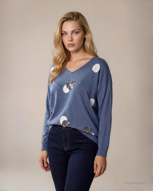Maglia spalla scesa con scollo a V e pois con paillettes sul fronte curvy