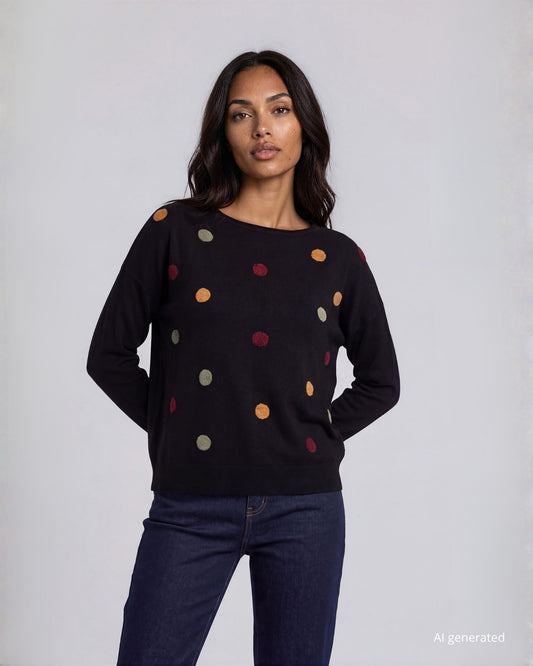 Maglia spalla scesa con intarsi di pois sul fronte