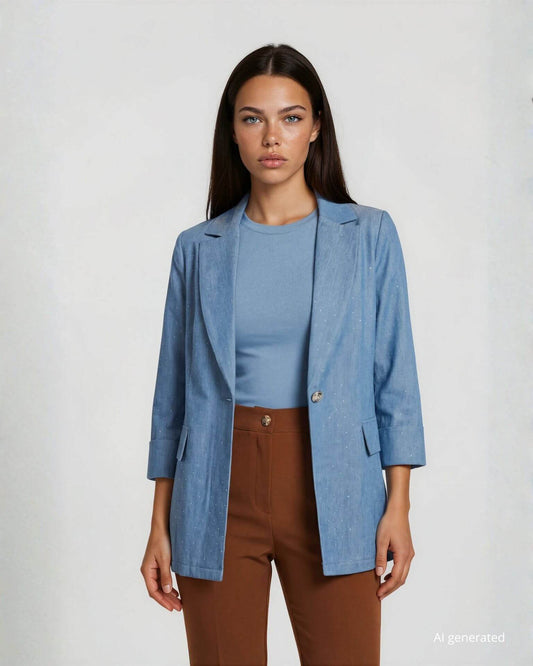 Giacca rever in jeans con strass e maniche tre quarti