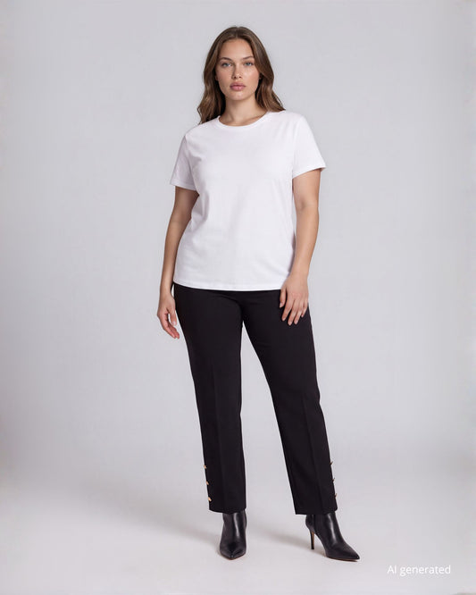 Pantalone largo gamba dritta in scubacrepe con spacco sul fondo e bottoni curvy