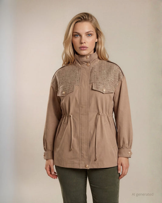 Parka con coulisse e inserti in tessuto bouclè curvy