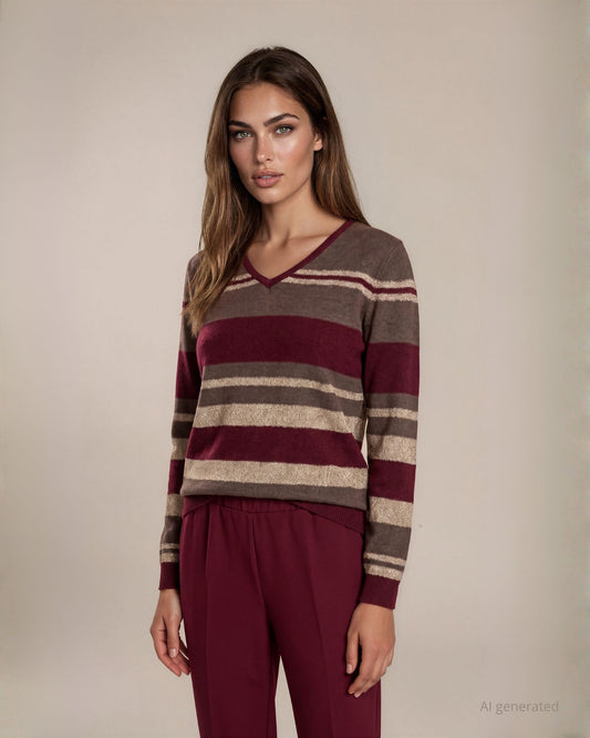 Maglia scollo a V a righe miste con lurex merlot