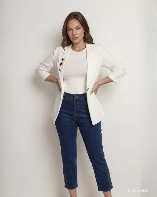 Giacca bianca simil lino con bottone centrale e dettagli di spille sul revers curvy