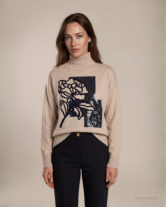 Maglia collo alto con ricamo fiore cornely e paillettes