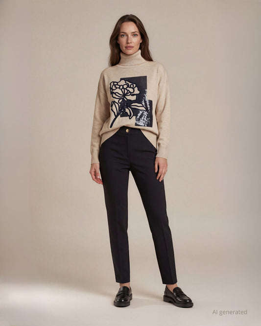 Maglia collo alto con ricamo fiore cornely e paillettes