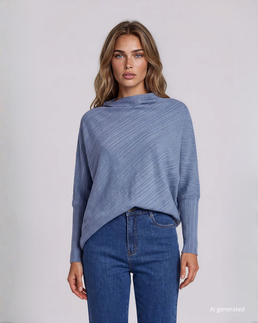 Maglia poncho a coste miste con punta asimmetrica e scollo largo denim