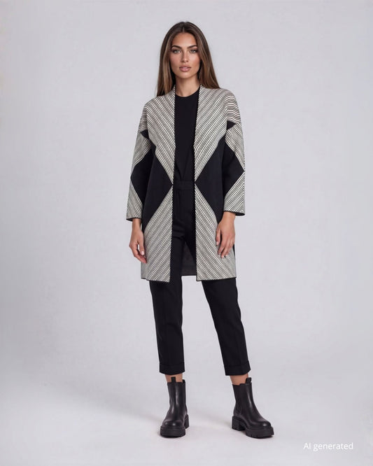 Cardigan lungo aperto in jacquard con rombi e maniche svasate