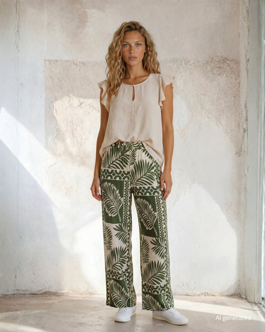 Top in viscosa con alette sulle maniche e goccia con bottone sullo scollo panna