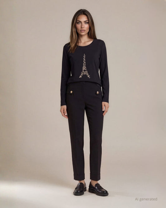 Pantalone in scubacrepe cropped con linguette e bottoni ai fianchi