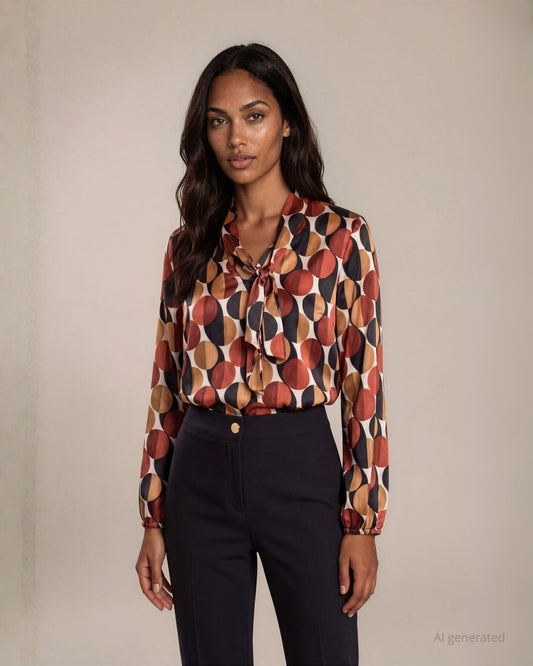 Camicia in raso fantasia cerchi con sciarpina sullo scollo