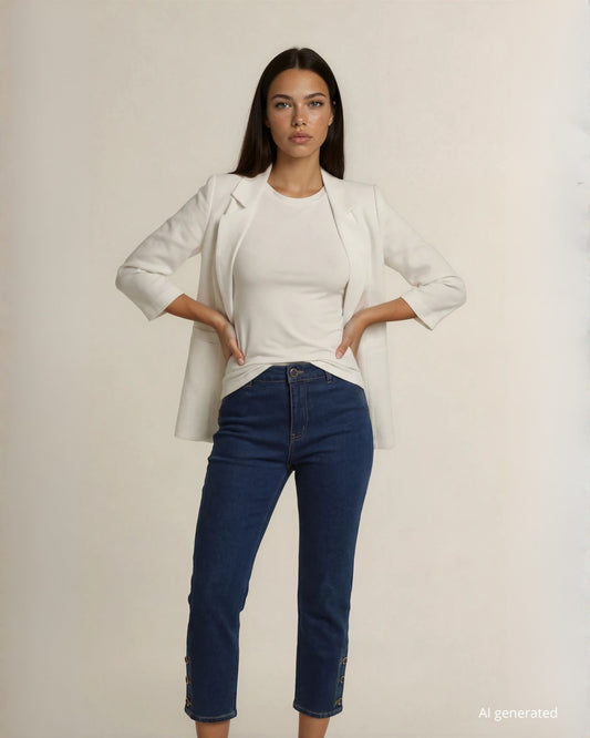 Giacca bianca simil lino con bottone centrale e dettagli di spille sul revers