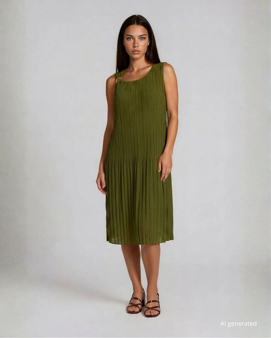 Vestito corto in georgette plisse’ foderata con anello oro su una spallina militare