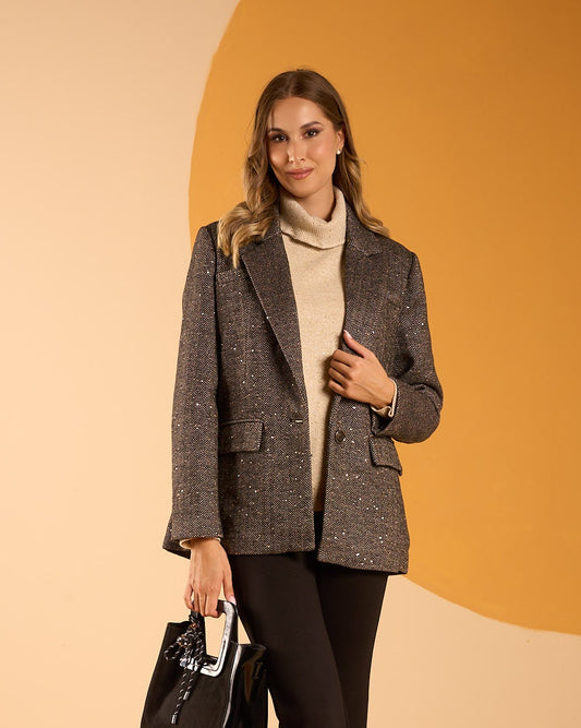 Giacca revers in tessuto rescato con micropaillettes e tasche con pattine