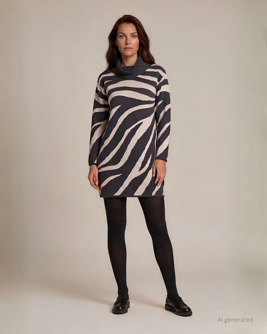 Vestito jacquard fantasia animalier con collo faille e bottoni