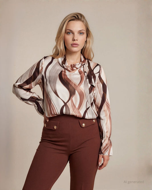 Camicia in raso fantasia onde con sciarpina sullo scollo curvy