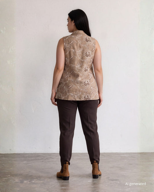 Gilet lungo con collo a scialle e spacchi laterali in tessuto melange e bottone in ecopelle curvy