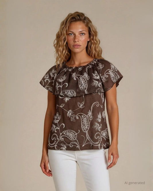 Casacca moro in voile ricamato con volant ed elastico sulle spalle