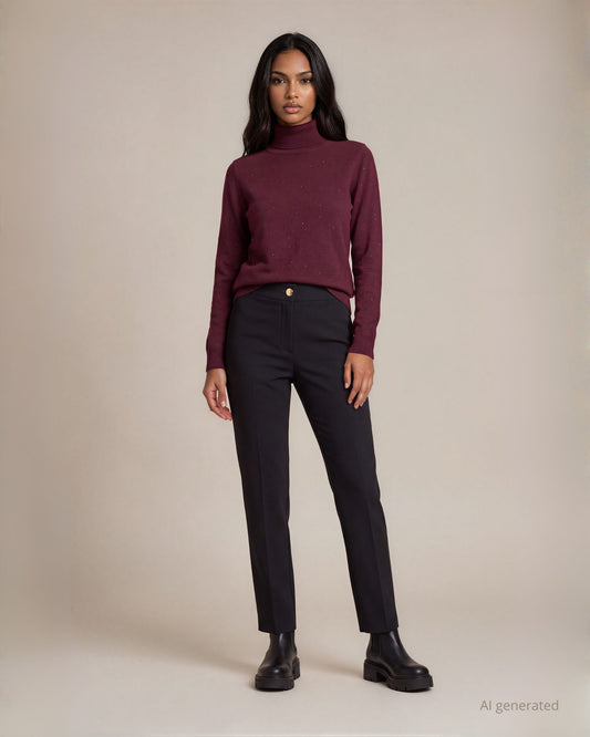 Maglia basica collo alto in filato con micro paillettes merlot