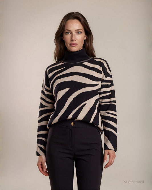 Maglia jacquard con fantasia animalier due colori e collo alto