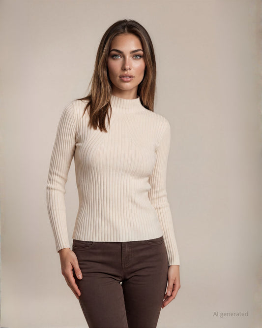 Maglia basica aderente con motivo a coste avorio