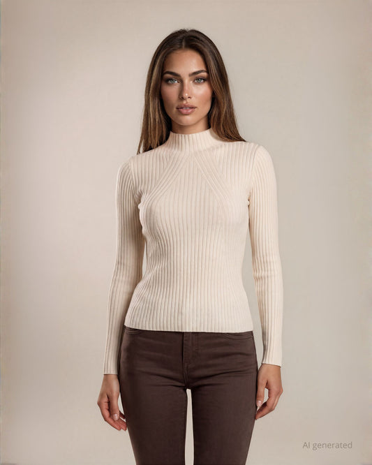 Maglia basica aderente con motivo a coste avorio