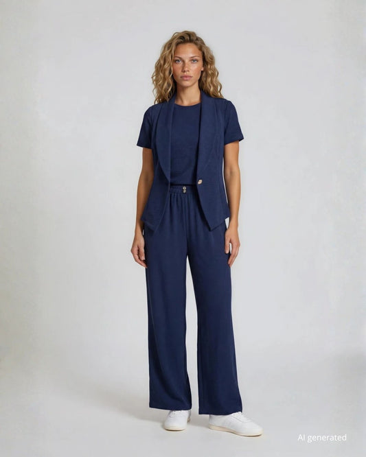 Pantalone con elastico e pinces in vita blu