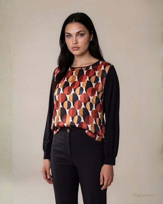 Casacca in raso fantasia a cerchi con maniche in jersey curvy