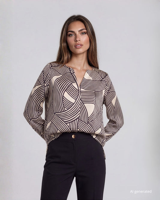 Camicia in raso fantasia con scollo a V e piega