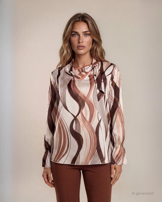 Camicia in raso fantasia onde con sciarpina sullo scollo