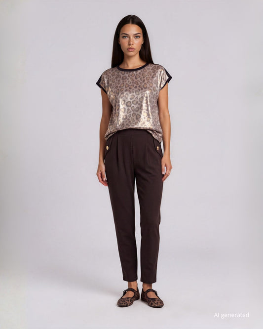 Top in scubacrepe moro con fronte laminato in fantasia maculata