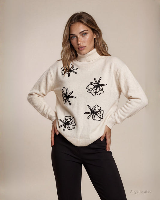 Maglia spalla scesa con collo alto e ricamo con paillettes