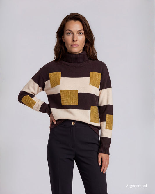 Maglia a scatola collo alto a righe con intarsi di quadri e strass
