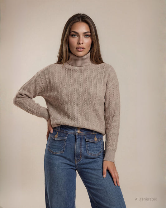Maglia collo alto con lurex e motivo di trecce miste cacha