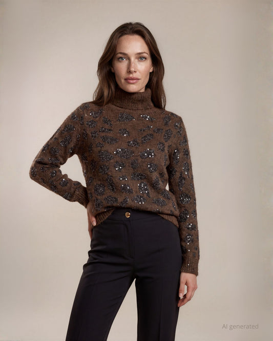 Maglia jacquard animalier con collo alto e paillettes