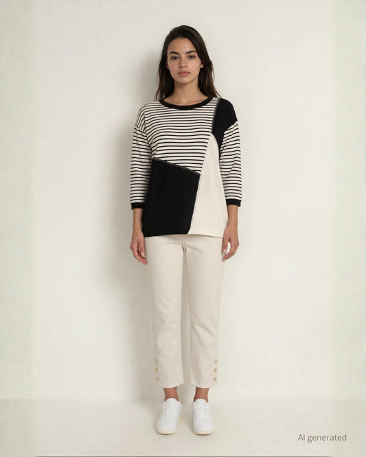 Maglia bicolore con righe e strass