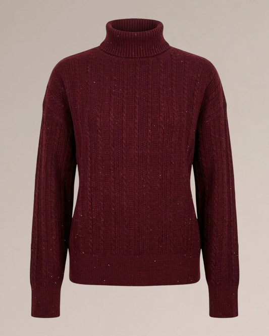 Maglia collo alto con lurex e motivo di trecce miste merlot