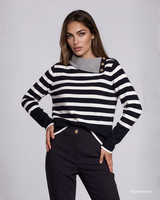 Maglia a righe miste con spacco e bottoni sullo scollo