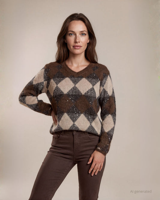 Maglia jacquard a rombi con scollo rotondo e paillettes