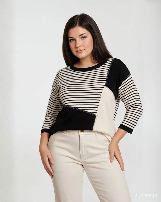 Maglia bicolore con righe e strass curvy