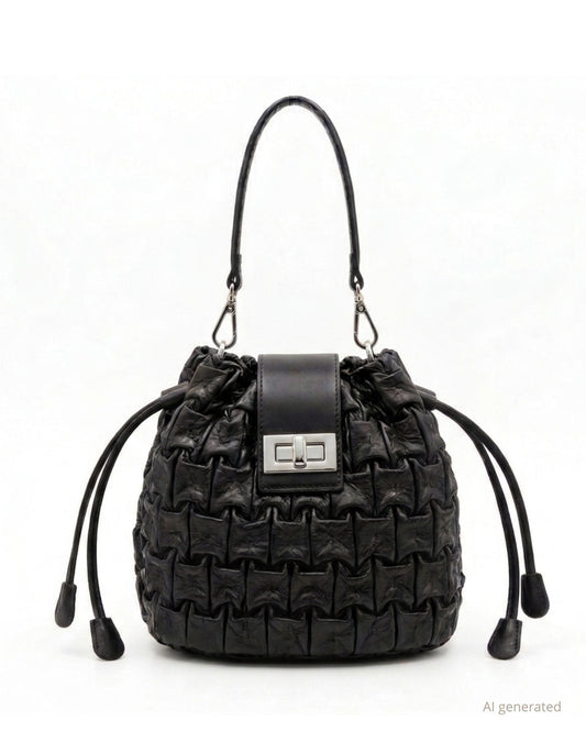 Borsa piccola a sacchetto in ecopelle plissettata con manico e tracolla nero
