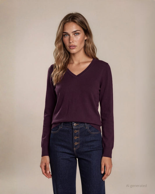 Maglia basica in misto viscosa con maniche lunghe e scollo a V amarone