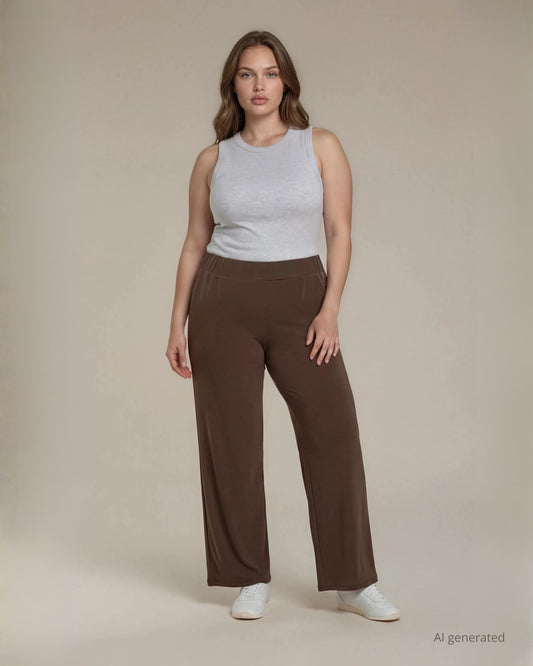 Pantalone palazzo in jersey cacao con elastico in vita curvy